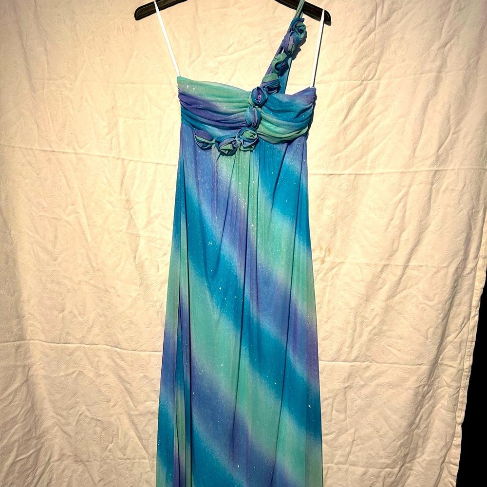 Green/ blue sparkly, off the shoulder evening dress
